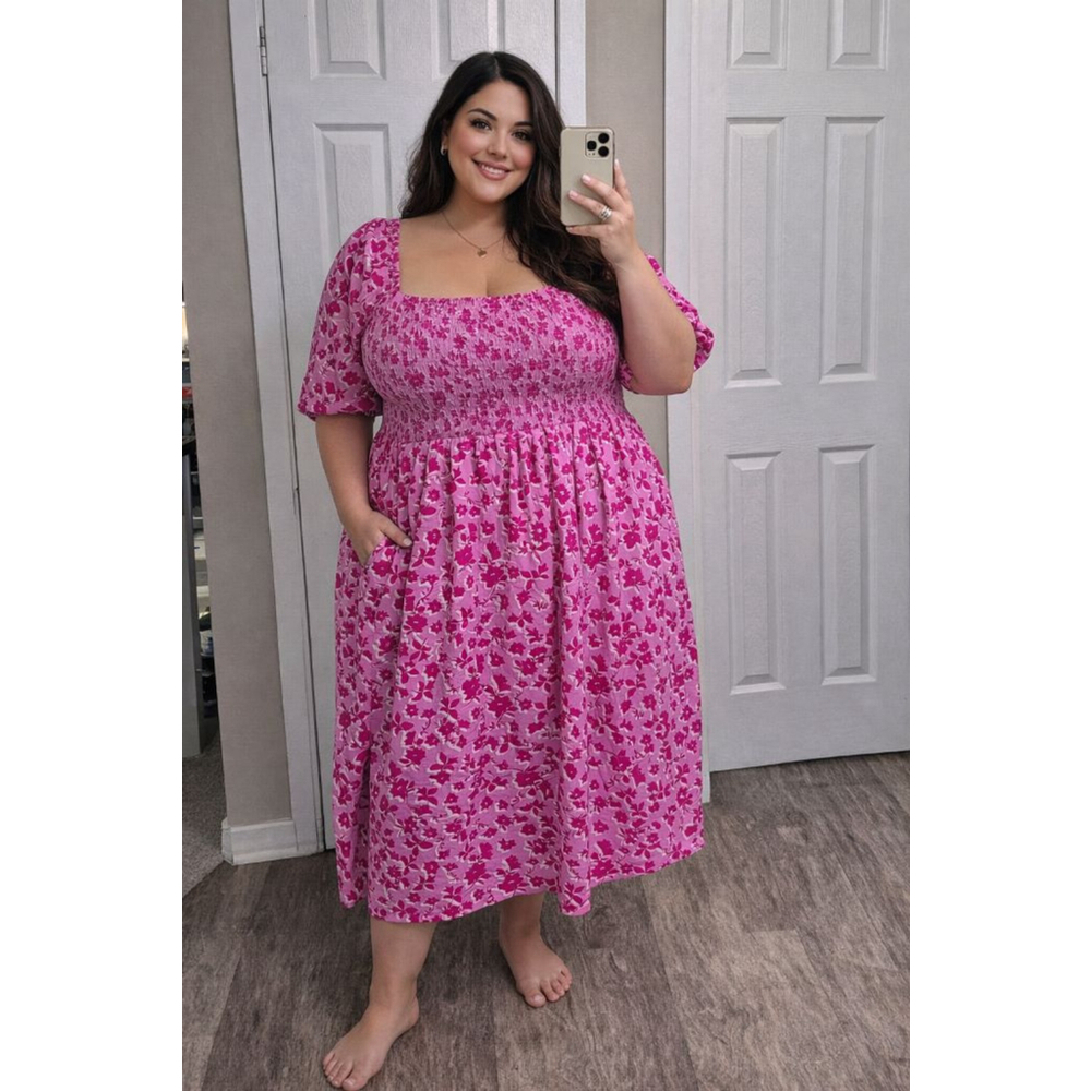 Women's ELOQUII Elements Plus Size 28 Pink Floral Smocked Midi Dress